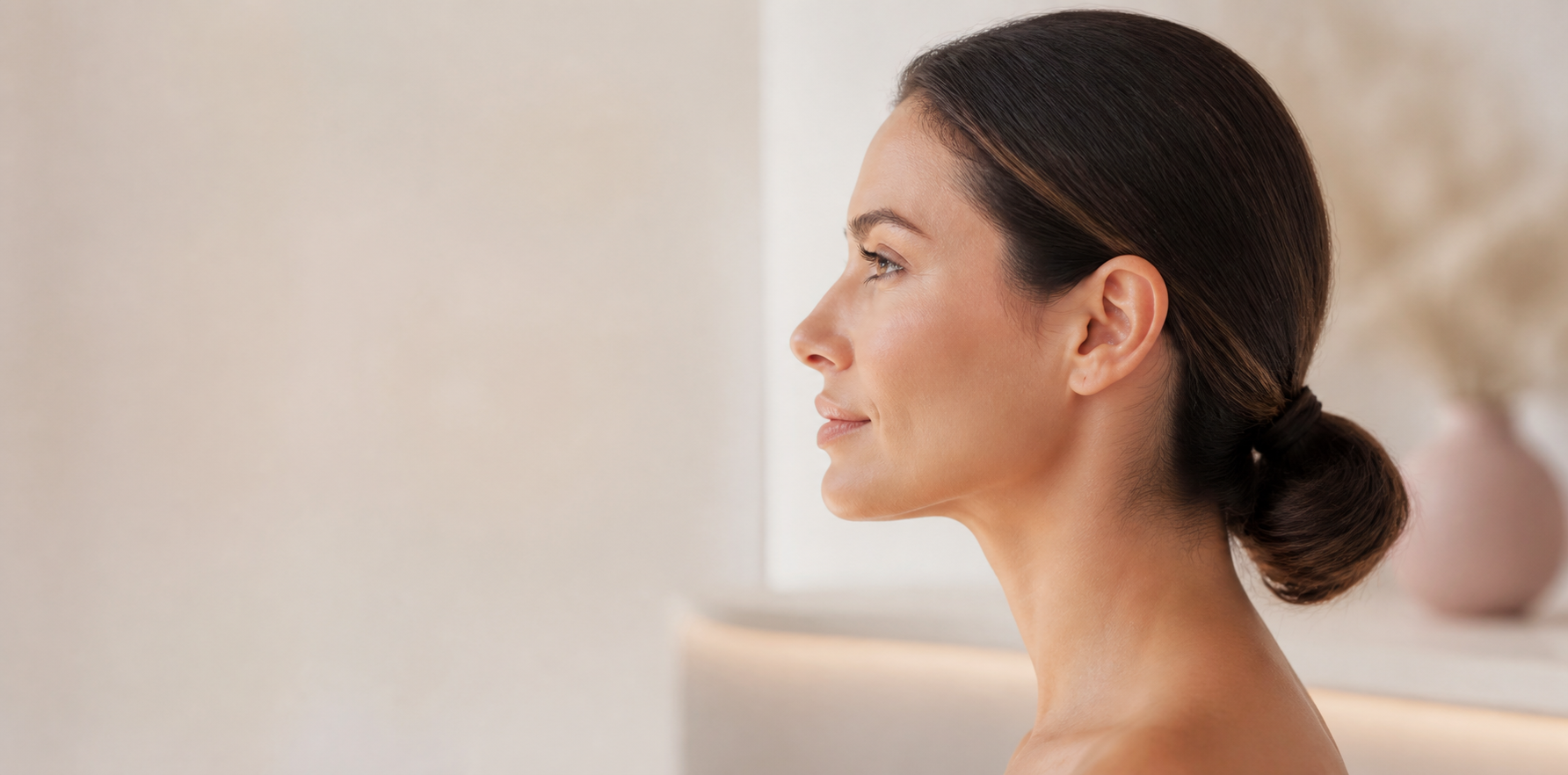 Perfil de mulher com cabelo preso em clínica de estética