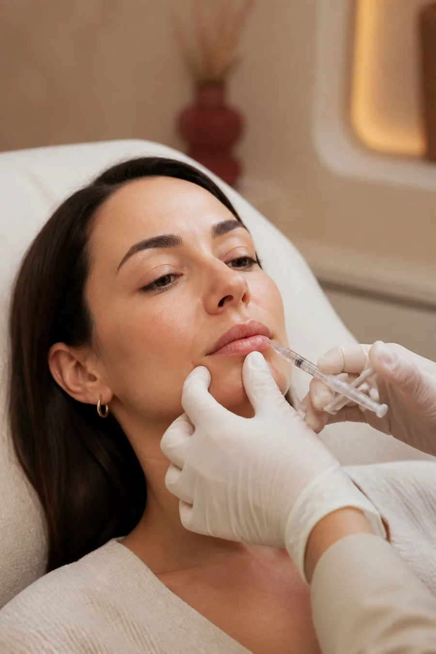 Profissional realiza preenchimento labial com seringa em uma paciente