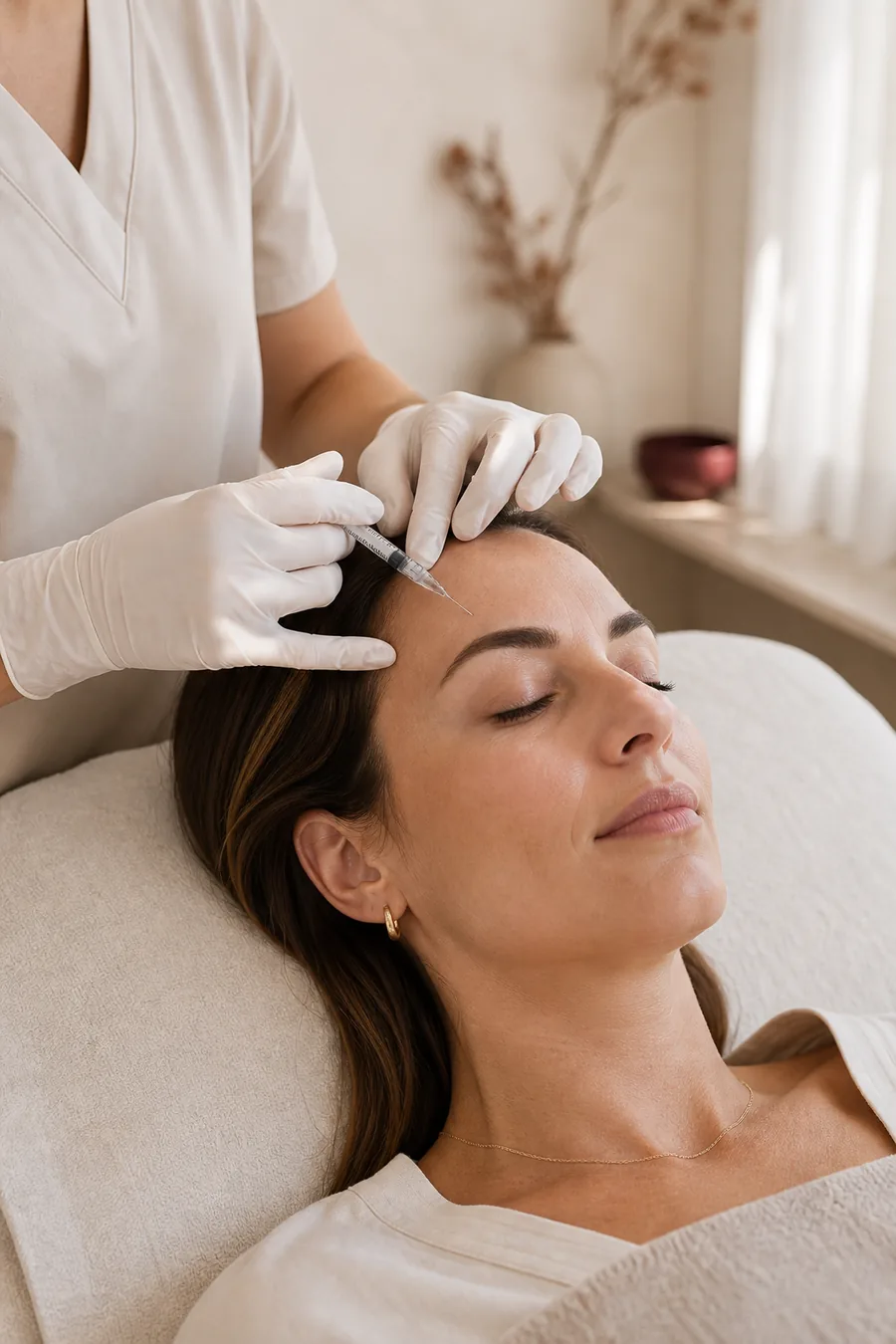 Profissional de estética realiza aplicação de toxina botulínica na testa de uma paciente